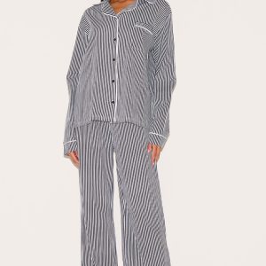 Navy Stripe Print Jersey Piping Detail Long Pj Set