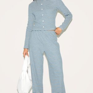 Blue Brushed Rib Striped Mid Rise Wide Leg Trousers