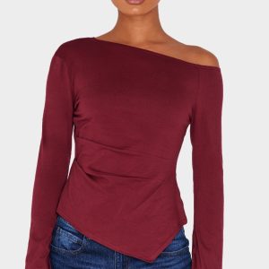 Burgundy Cotton Ruched Side Long Sleeve Top