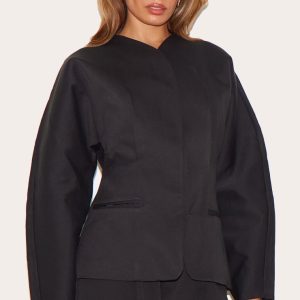 Black Premium Woven Tailored Collarless Blazer