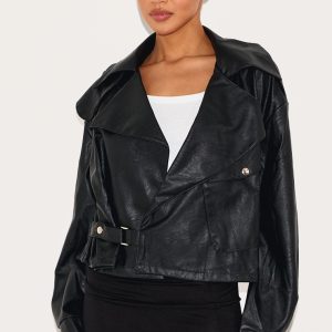 Black Textured Look Faux Leather Biker Jacket