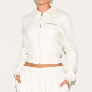 Cream Fitted Zip Through Collar Sweatshirt