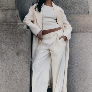 Ecru Wool Look Double Breasted Oversized Maxi Coat