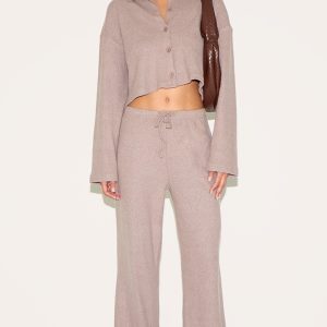 Mushroom Brushed Rib Drawstring Wide Leg Trousers