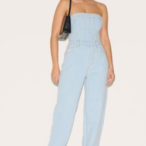 Light Blue Wash Bandeau Denim Jumpsuit