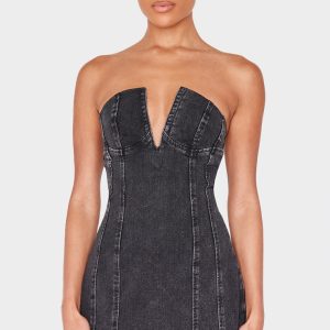 Black Plunge Detail Strapless Denim Mini Dress