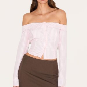 Pink Striped Bardot Peach Skin Shirt
