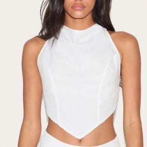 White Linen Look Woven Open Back Top