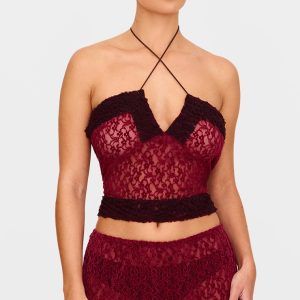 Burgundy Textured Lace Contrast Detail Top