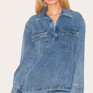 Vintage Blue Long Sleeve Slouchy Denim Rugby Shirt