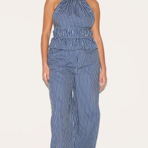 Plus Indigo Stripe Woven Mid Rise Wide Leg Trouser