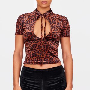 Brown Velvet Leopard Printed Tie Detail High Neck Top