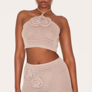 Taupe Tie Neck Flower Applique Top