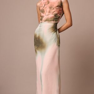 Dusty Pink Printed Floral Chiffon Ruched Maxi Dress