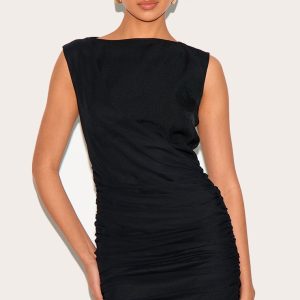 Black Woven Wrap Ruched Mini Dress