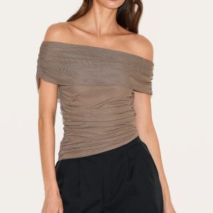 Mushroom Mesh Foldover Ruched Bandeau Top
