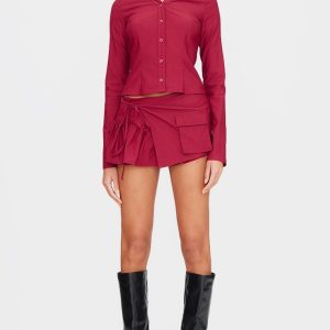 Burgundy Woven Frill Cargo Detail Skort