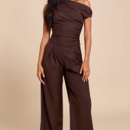 ef1c615df7f42449a14abe23fc9985779bf8a731_CNM0442_1_chocolate_woven_ruched_one_sleeve_jumpsuit