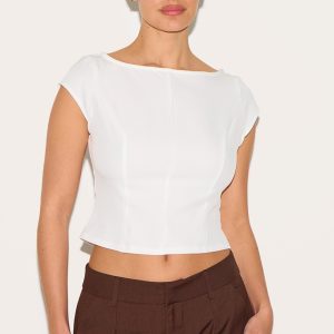 White Woven Boatneck Top