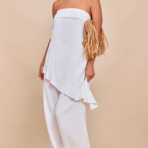 White Textured Wide Leg Trousers
