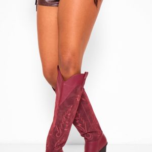 Burgundy Faux Suede Point Toe Knee High Stitch Detail Block Heel Western Boots