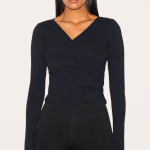 Tall Black Contour Sculpt Asymmetric Long Sleeve Top
