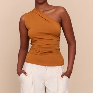 Tan Asymmetric Ruched Sleeveless Long Top