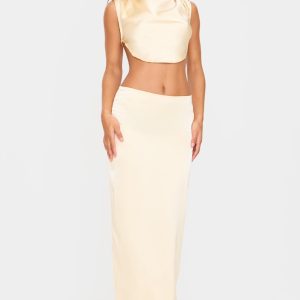 Butter Cream Satin Mid Rise Maxi Skirt