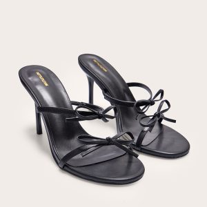 Black PU Round Toe Bow Strap High Stiletto Heeled Mules