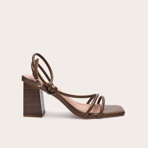 Chocolate Croc PU Square Toe Strappy Tube Asymmetric Block Heeled Sandals