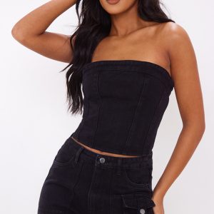 Tall Washed Black Denim Corset Top