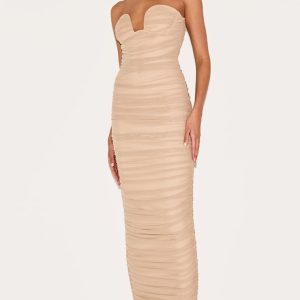 Mushroom Mesh Ruched Bandeau Maxi Dress