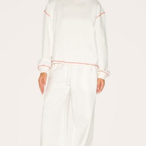 Cream Contrast Stitch Loopback Wide Leg Joggers