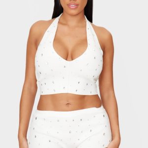 Shape Cream Knitted Diamante Halter Neck Top
