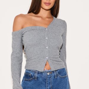 Charcoal Soft Touch Rib Asymmetric Detail Long Sleeve Top