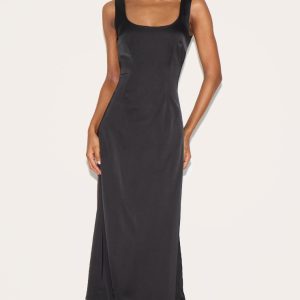 Black Satin Drop Waist Midi Dress