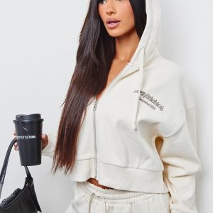 PRETTYLITTLETHING Petite Cream Premium Print Zip Front Hoodie
