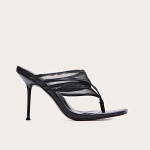 Wide Fit Black Square Toe Double Mesh Toe Thong High Stiletto Heeled Mules