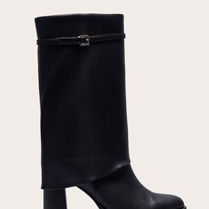 Black PU Point Toe Buckle Detail Block Heel Calf High Boots