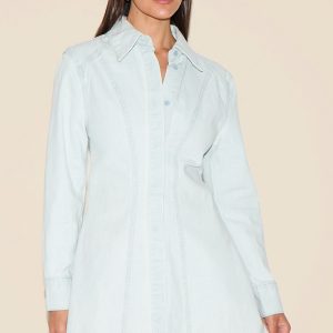 Ice Blue Long Sleeve Cinched Waist Denim Shirt Dress