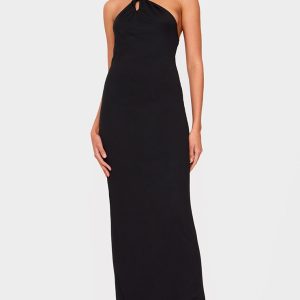 Black Double Contour Halterneck Low Back Maxi Dress