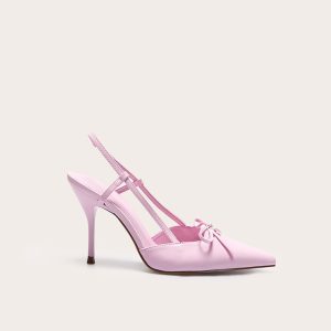 Baby Pink PU Point Toe Bow Detail Mid Heeled Courts