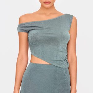 Khaki Acetate Slinky One Shoulder Ruched Asymmetric Top