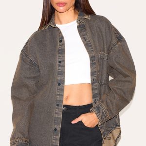 Vintage Brown Dip Hem Button Up Denim Shirt