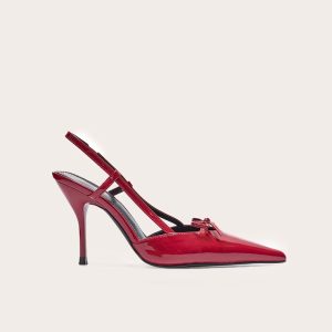 Red Patent PU Point Toe Bow Detail Mid Heel Courts