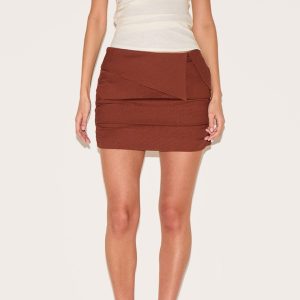 Chocolate Linen Blend Foldover Ruched Mini Skirt