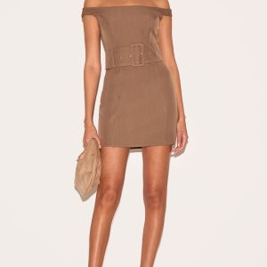 Taupe Woven Off Shoulder Belt Detail Mini Dress