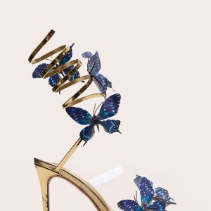 Gold PU Round Toe Blue Butterfly Spiral Strap High Heeled Sandals