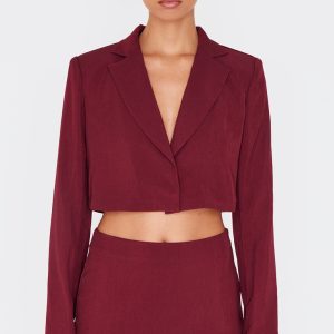 Burgundy Tailored Woven Boxy Cropped Detail Blazer