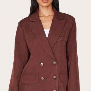 Petite Brown Premium Double Breasted Button Detail Blazer